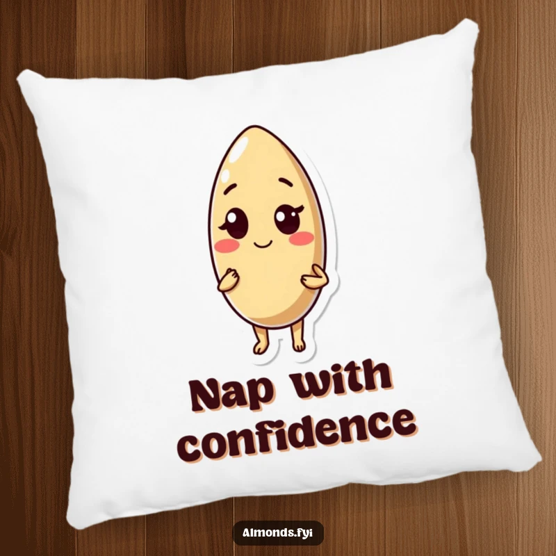 Funny pillow: suave almond character striking a confident pose with a knowing wink, bringing comfort and humor.