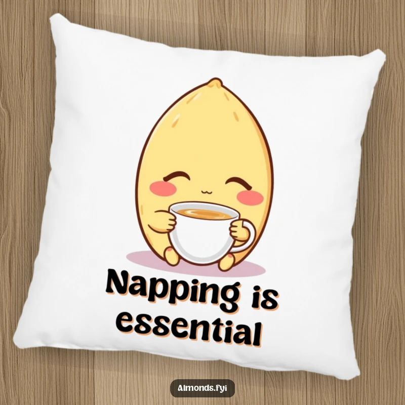 Funny decorative pillow with a contented almond character, eyes closed, peacefully enjoying a tiny cup of tea, perfect for cozy, serene spaces.