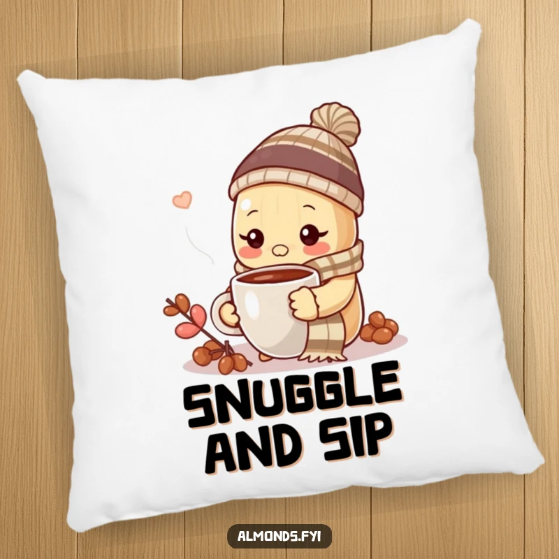 Funny almond in winter hat and scarf, holding a hot coffee cup, on a decorative pillow.