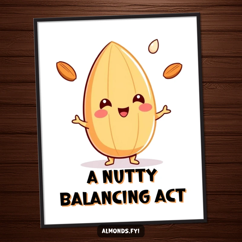 Funny digital art print of a happy almond character juggling three tiny drops of almond milk, perfect for whimsical decor.