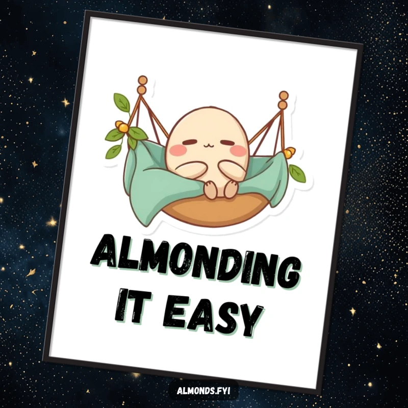 Funny Digital Art: A content almond character blissfully relaxing in a hammock, radiating pure calm.