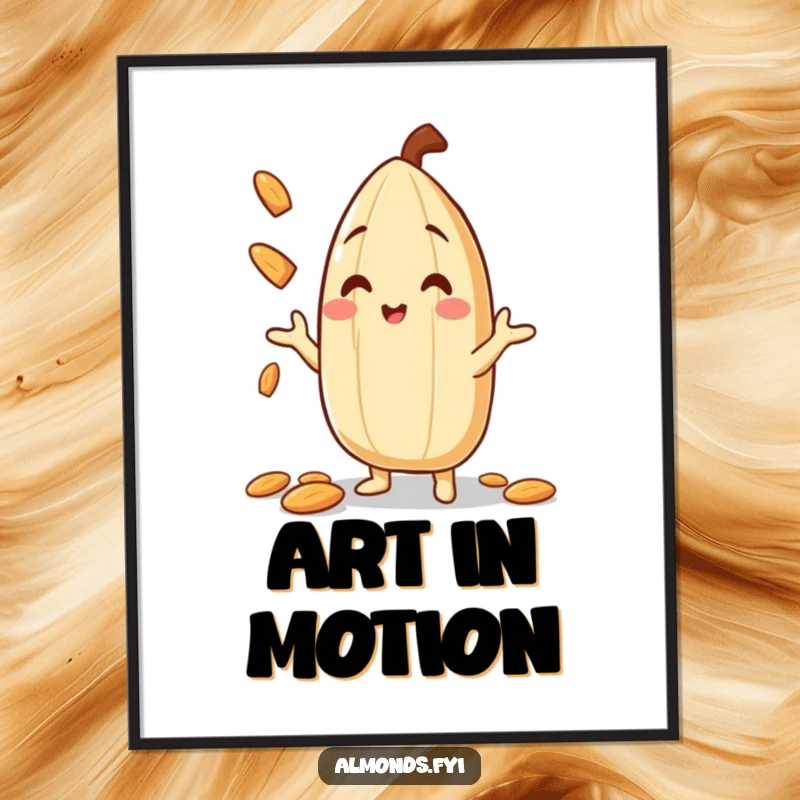 Funny Digital Art Print of a smiling almond character in the act of juggling small almond slivers, a piece of nutty visual humor.