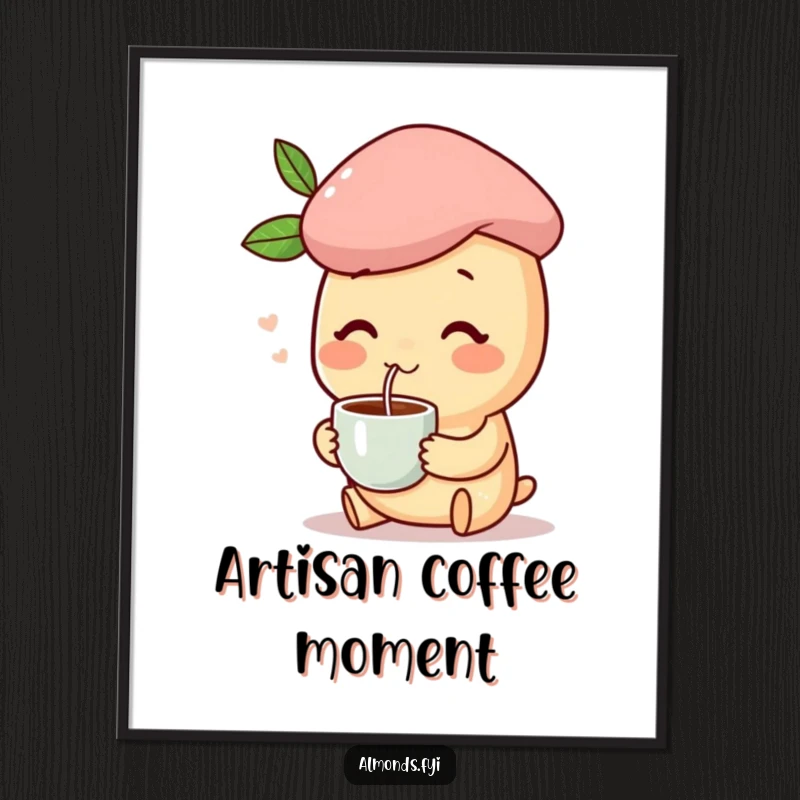 Funny digital art print of a happy almond character in a beret, sipping coffee, adding chic vibes to any room.