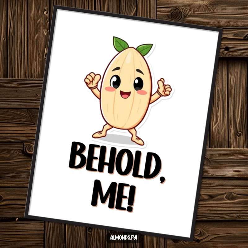 Funny digital art print of a happy little almond character striking a heroic pose, ready for framing.