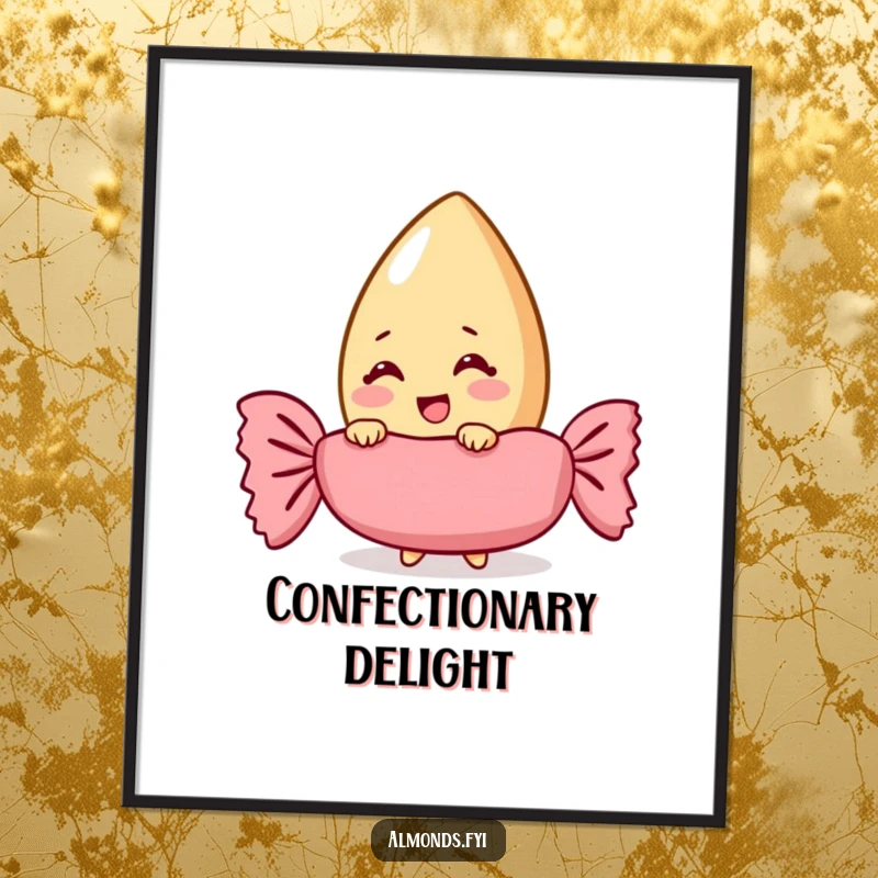 Funny almond character giggling behind a giant candy wrapper, available as a digital art print for instant sweetness.