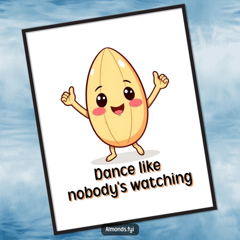 Funny digital art print of a smiling almond character with tiny arms performing a vibrant victory dance, perfect for instant wall decor.