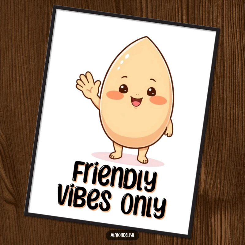 Funny digital art print of a chubby, blushing almond character offering a friendly wave, ready for framing.