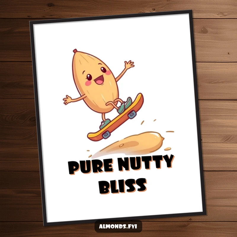 Funny digital art print of a happy almond skateboarding on a cashew, a high-resolution humorous graphic download.