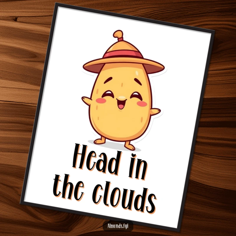 Funny digital art print of a mischievous almond character balancing a tiny hat, perfect for instant whimsical decor.