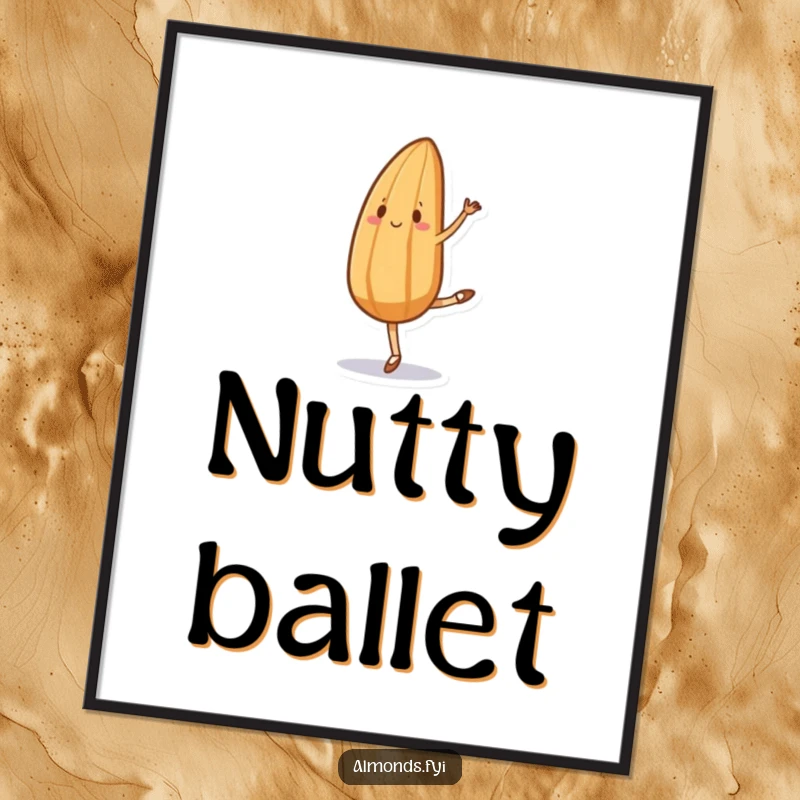 Funny digital art print of an almond character performing ballet with hilariously uncoordinated yet graceful movements, evoking comedic performance.