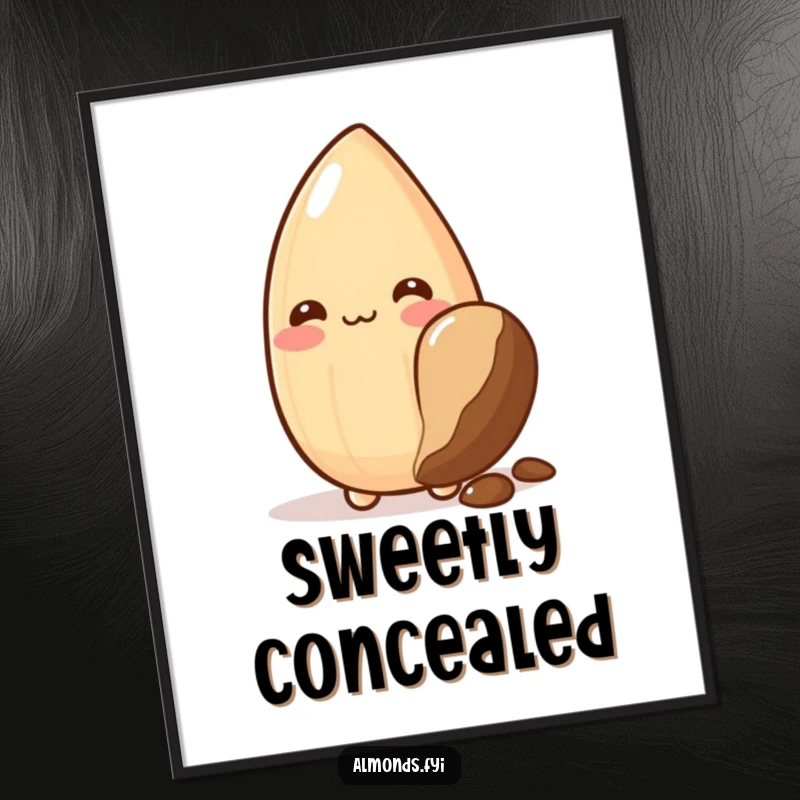 Funny digital art print: charming depiction of a blushing almond character hiding behind a chocolate chip, radiating sweetness.