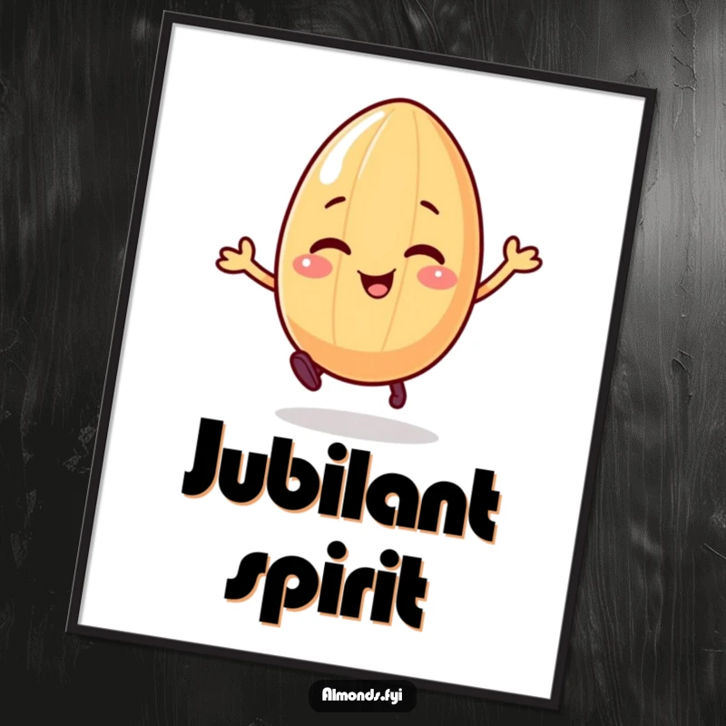 Funny digital art print of a giggling almond character on legs, happily bouncing, adding joyful vibes to any room.