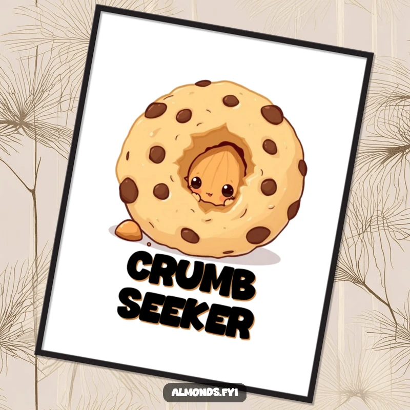 Funny digital art print of a curious almond character peeking from behind a colossal cookie crumb, evoking a sense of playful gluttony.