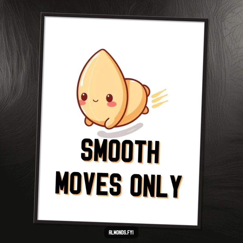 Funny digital art print of a playful almond character sliding rapidly down a polished surface, symbolizing speed and exhilarating fun.