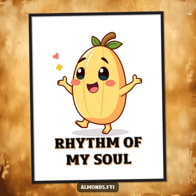 Funny Digital Art Print of a giggling almond character performing a funny dance, capturing humorous motion and pure joy.