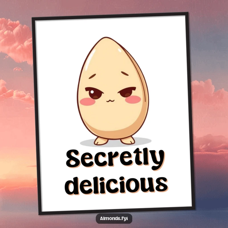 Funny digital art print of a giggling almond character slyly winking, offering a playful and humorous statement piece for any room.