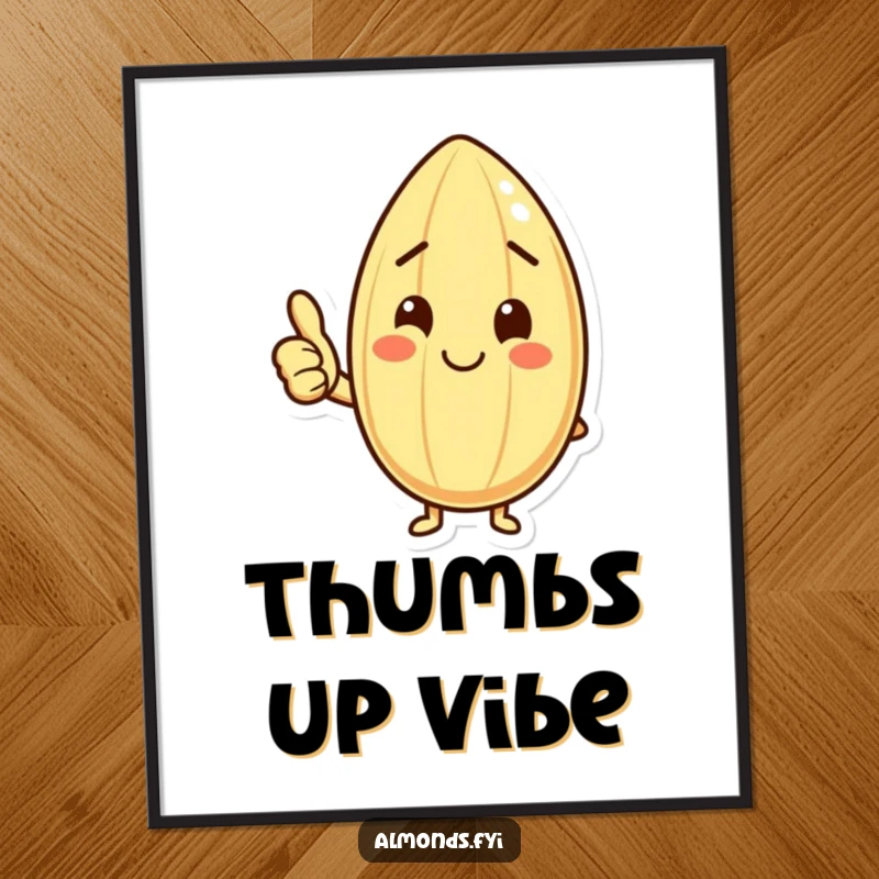 Funny digital art print of a happy almond character with a smile giving a clear thumbs up, perfect for cheerful wall decor.