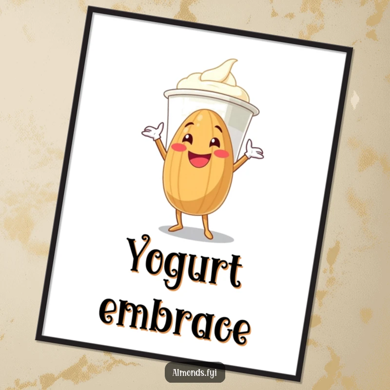 Funny grinning almond character attempting to hug a giant yogurt cup, available as a high-resolution digital art print.