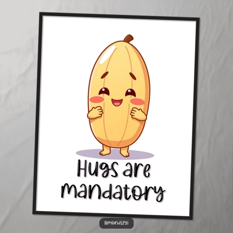 Funny digital art print of a cheerful almond character giving a warm, friendly hug, perfect for instant comforting wall decor.