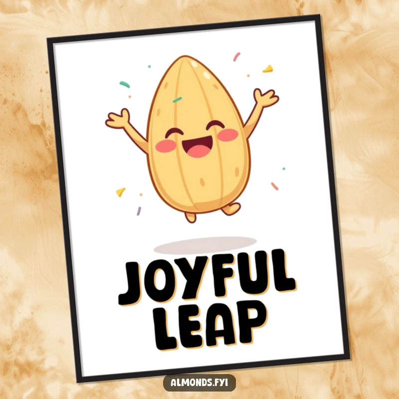 Funny digital art print of a cheerful almond character jumping with sprinkles, adding instant happiness and personality to any setting.