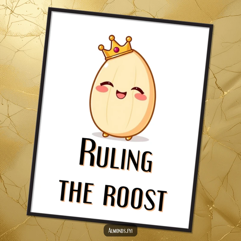 Funny digital art of a giggling almond wearing a tiny crown, looking regal and amusing for instant download.
