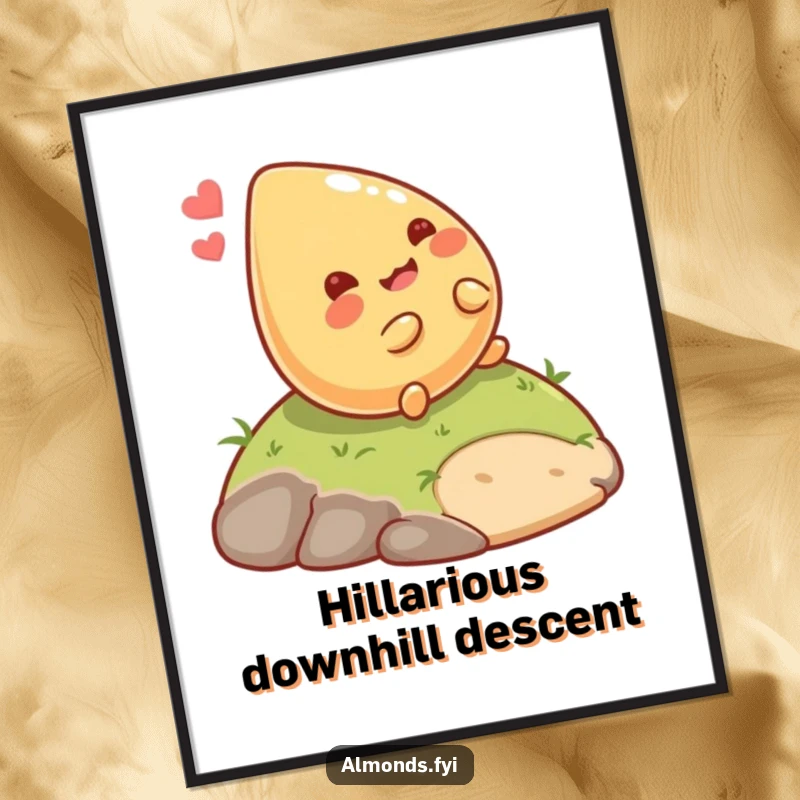 Funny Rolling Almond Digital Art: Giggling almond character happily rolling down a small hill, vibrant and humorous artwork. Perfect funny gift.