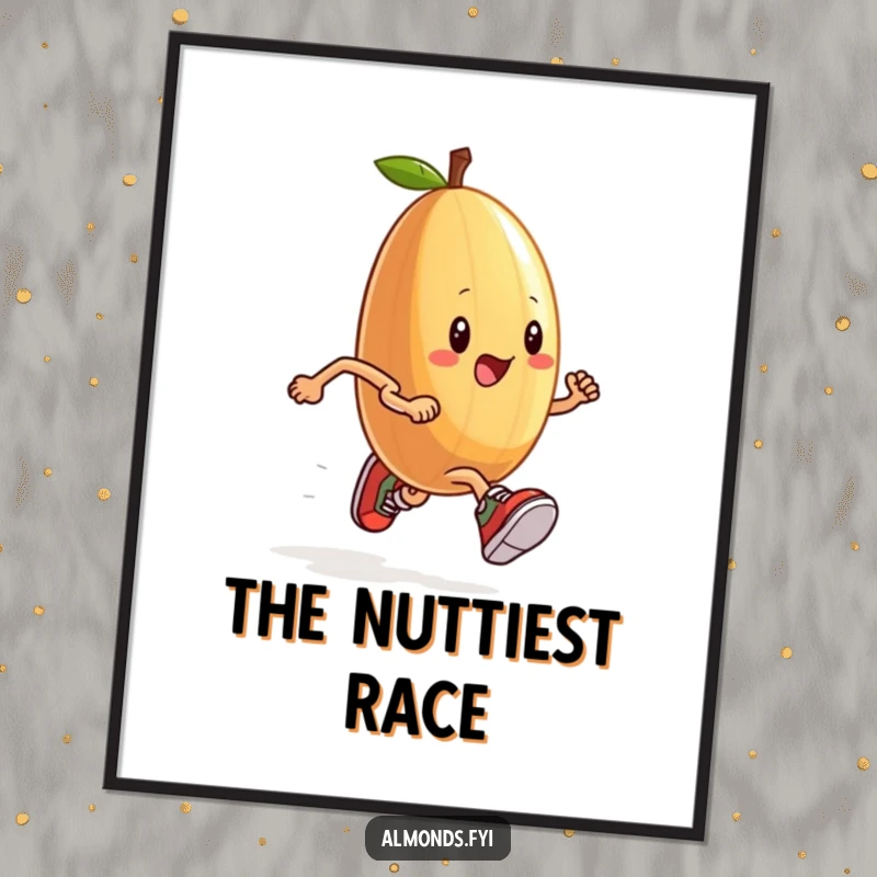 Funny digital art print of an anthropomorphic almond in tiny sneakers running a race, symbolizing speed and humor.