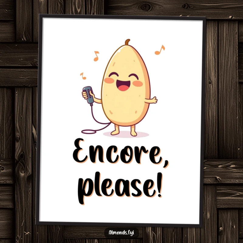 Funny digital art of a joyful almond character holding a tiny microphone, captured mid-song for instant download.