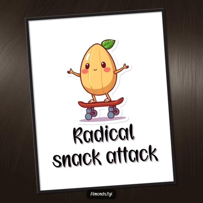 Funny digital art of a whimsical almond character balancing on a tiny skateboard for instant download.