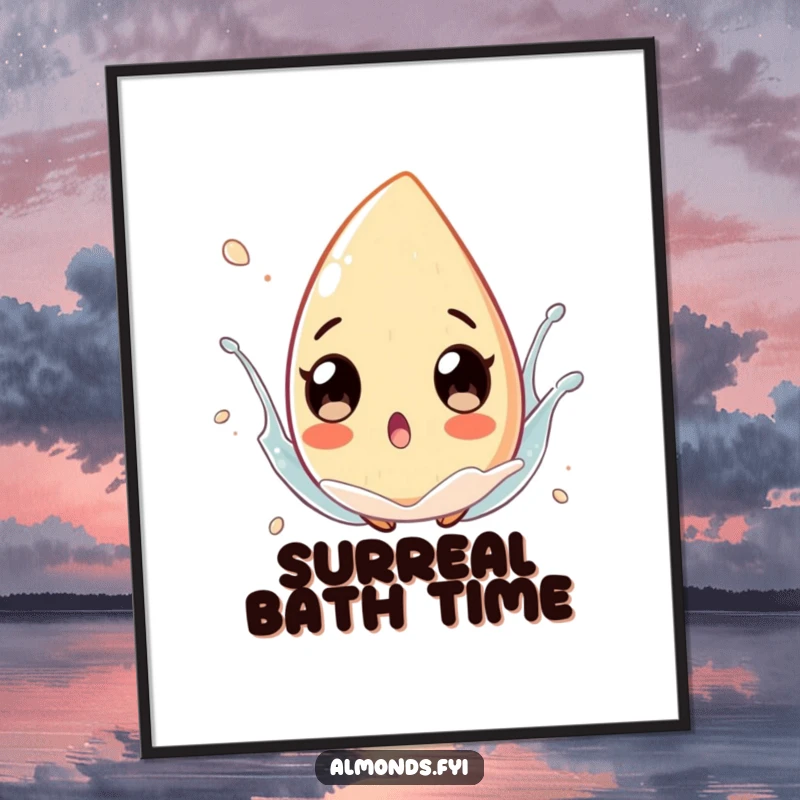 Funny almond character with exaggerated, surprised eyes floating in a playful splash, available as a digital art print.