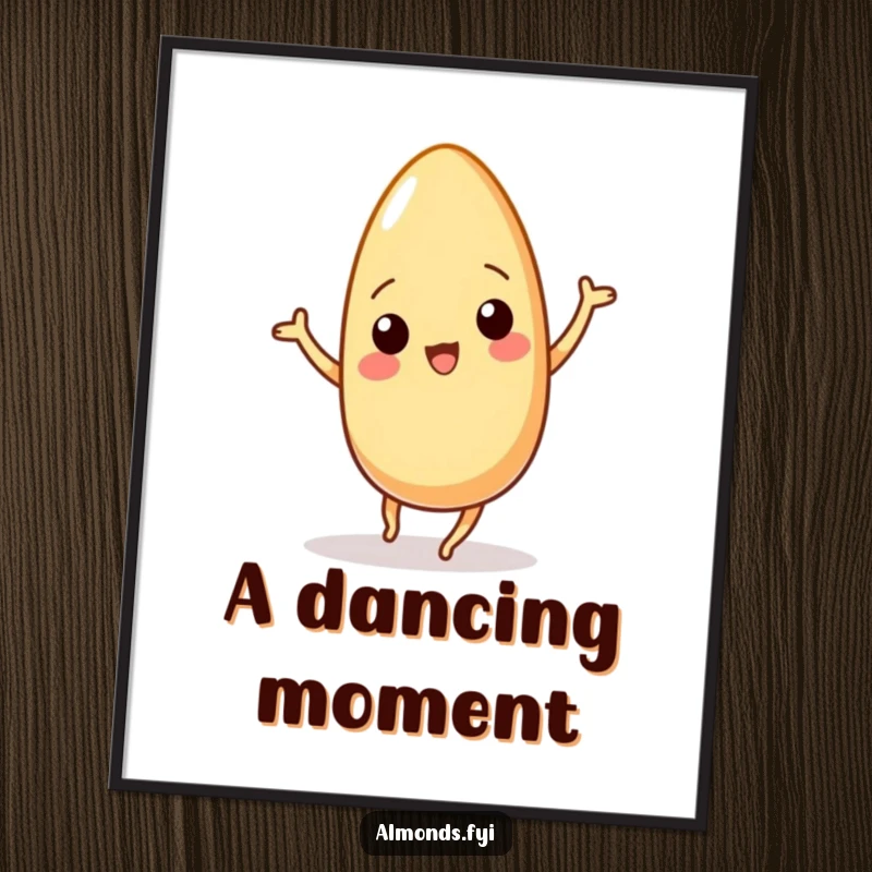 Funny digital art print of a wiggling almond character in a joyful, energetic dance, perfect for adding instant humor to walls.