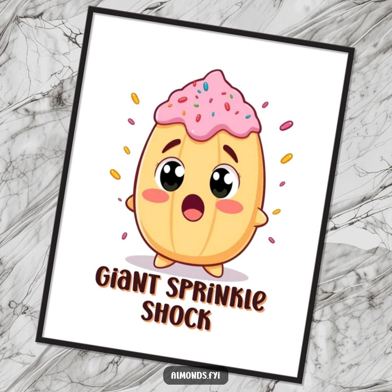 Funny digital art of a beaming almond character with wide eyes, surprised by a giant sprinkle, bringing animated wonder.