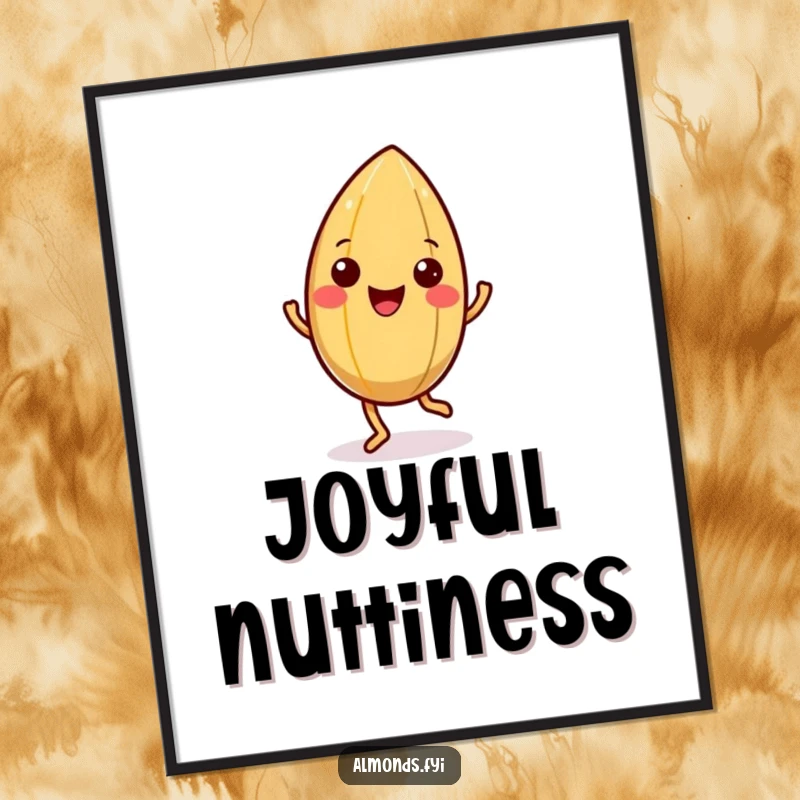 Funny digital art print of a happy almond character doing a little jig, its shell wiggling, perfect for humorous home decor.