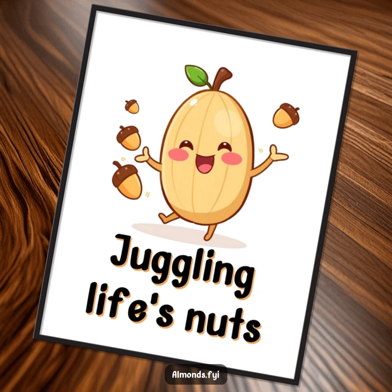 Funny Almond Acrobat Digital Art: Cheerful almond character gleefully juggling acorns, vibrant and humorous artwork for instant download. Perfect funny gift.