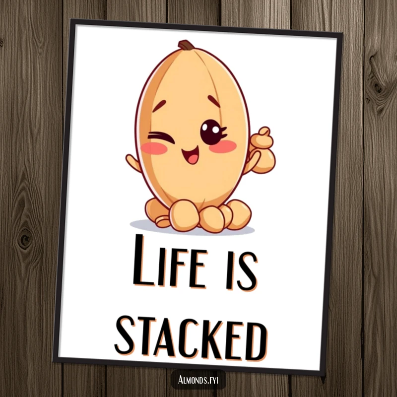 Funny digital art print of a mischievous almond character winking while balancing a comical stack of tiny nuts.