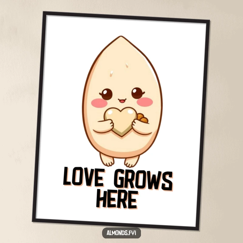 Funny digital art print of a shy, blushing almond character holding a tiny, precious heart-shaped nut.