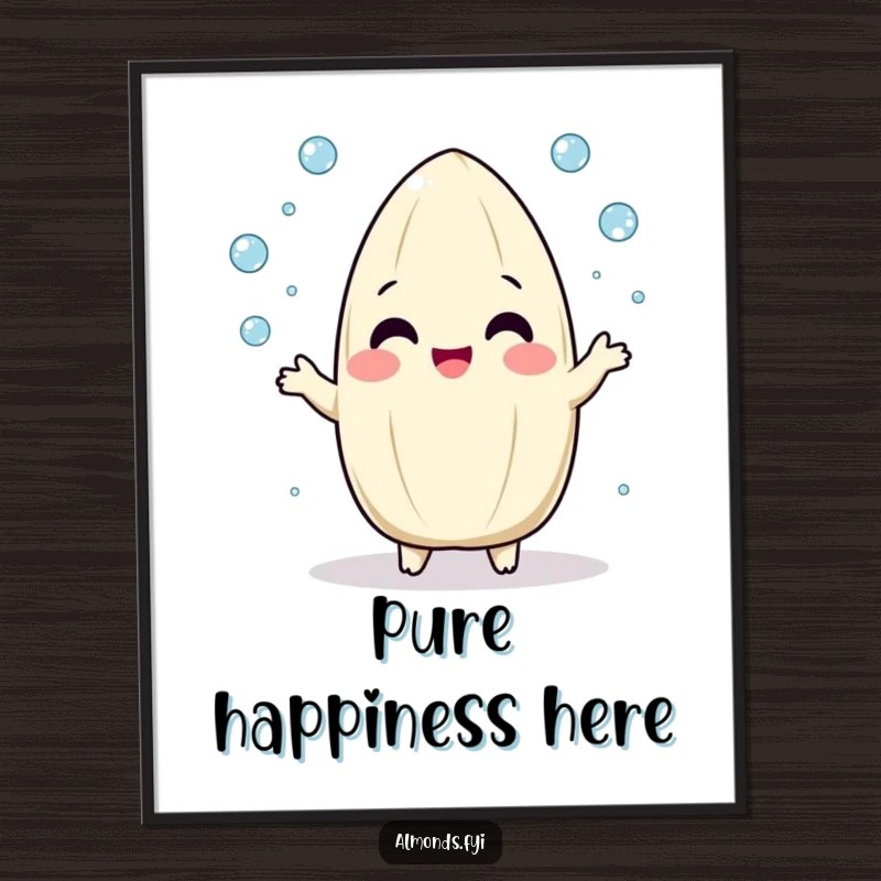 Funny digital art print of a playful, round almond character gleefully juggling tiny dew drops, creating a whimsical and joyful scene.