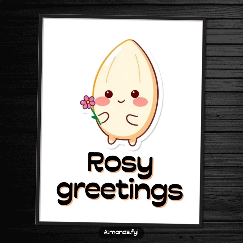 Funny digital art print of a happy almond character with rosy cheeks holding a tiny flower, radiating warmth and gentle cheerfulness.
