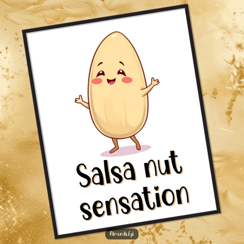 Funny digital art print of a smiling almond character doing a spirited salsa dance, adding festive nutty humor.