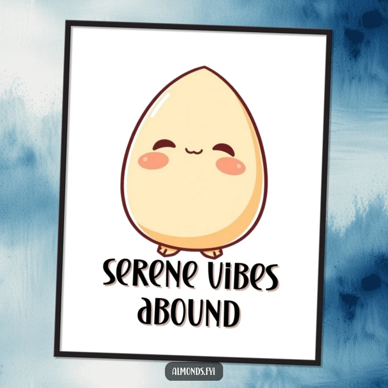 Funny digital art print of a content almond character looking upwards with a peaceful smile, offering instant tranquility and a serene aesthetic.