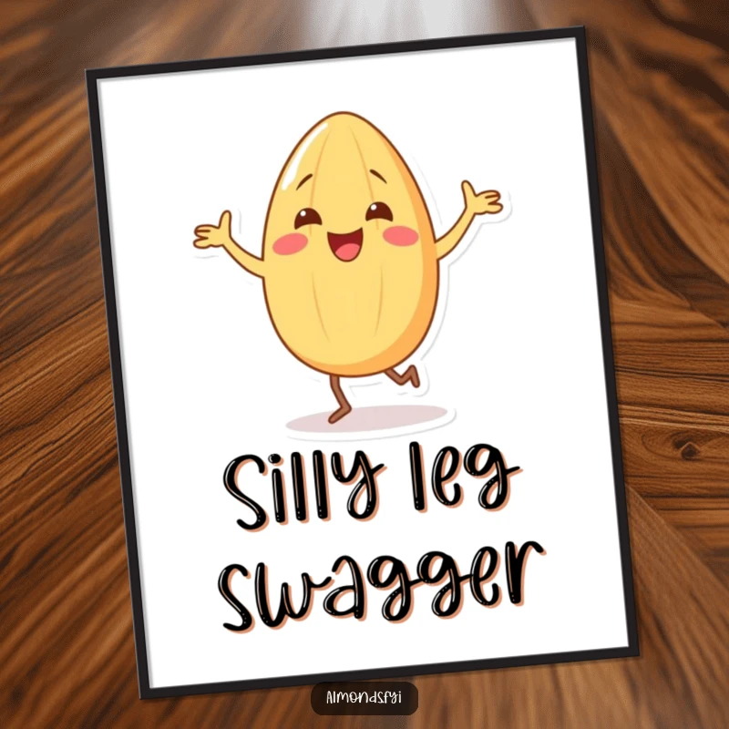 Funny digital art of a beaming almond character doing a silly dance with tiny legs, bringing animated joy.