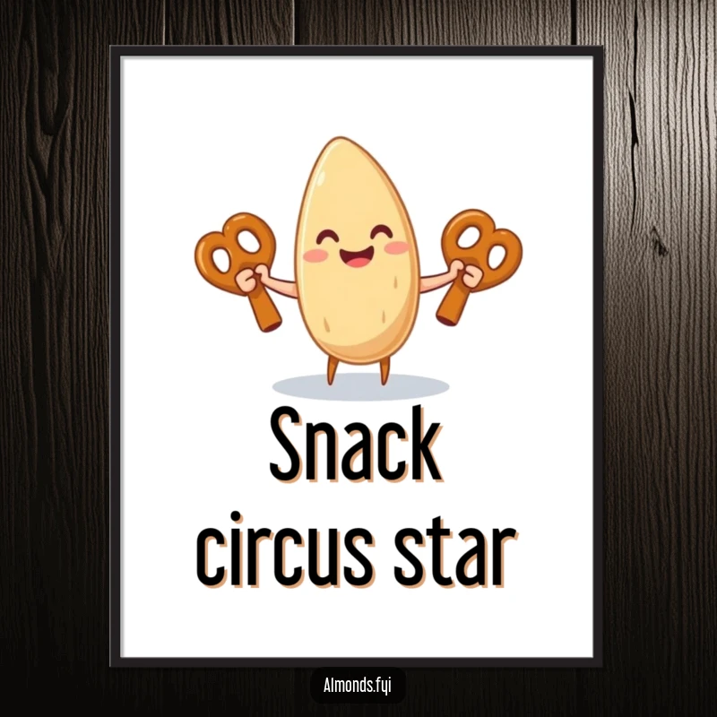 Funny digital art of a beaming almond character expertly juggling three oversized pretzel sticks, bringing animated joy.