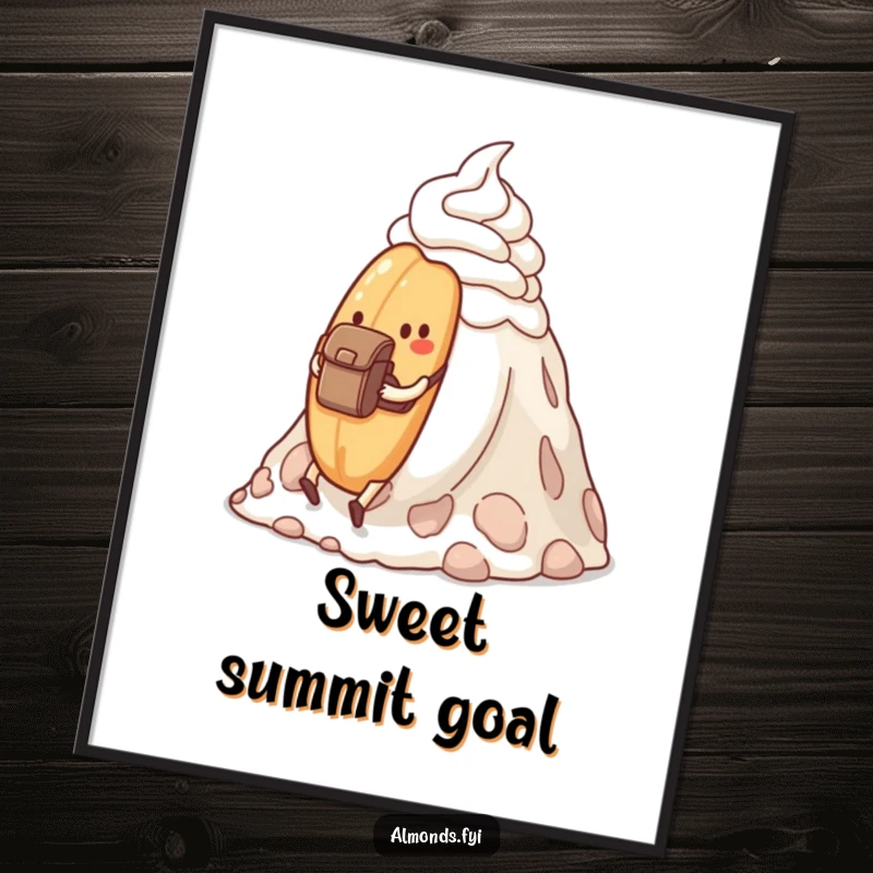Funny determined almond with a backpack hiking up a whipped cream mountain, as digital art.