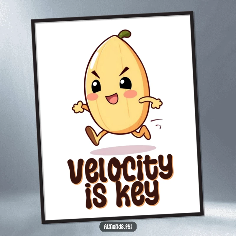 Funny Sprinting Almond Digital Art: Determined almond character sprinting forward with focus, vibrant and humorous artwork. Perfect funny gift.