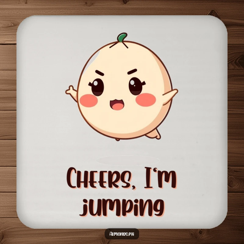 Funny drink coaster with a determined, round almond character with a fierce expression, poised to leap, adding motivation.
