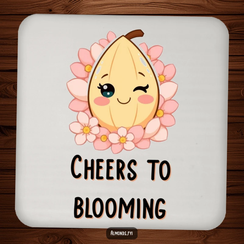 Funny drink coaster with a smiling almond character surrounded by petals, adding a cheerful and floral decorative touch to tables.