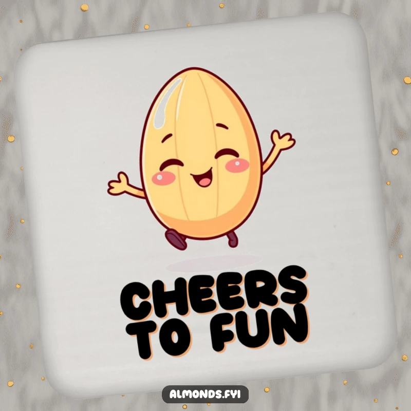 Funny drink coaster with a giggling almond character on legs, happily bouncing, a humorous addition to any table.