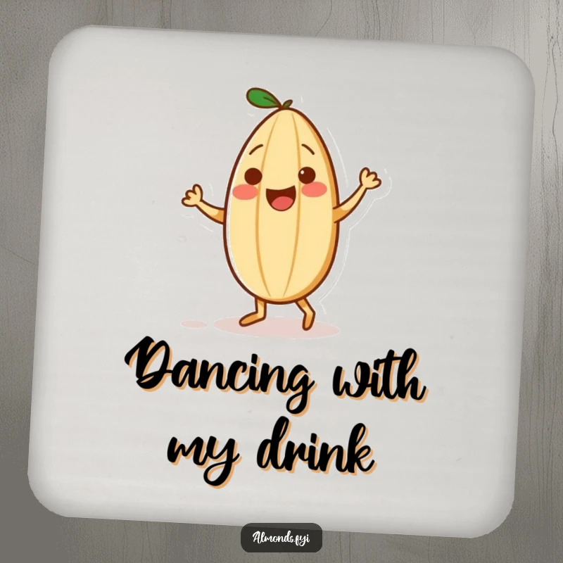 Funny drink coaster showing a playful almond character dancing with a small sprinkle partner, perfect for protecting surfaces.