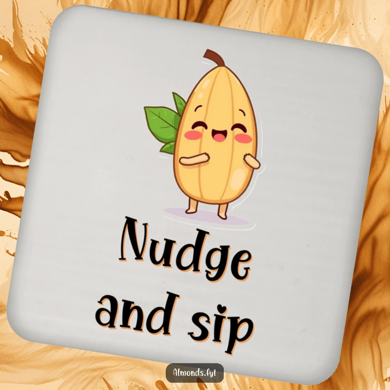 Funny coaster depicting a joyful almond character playfully bopping a smaller almond with its tip, adding playful humor to tabletops.