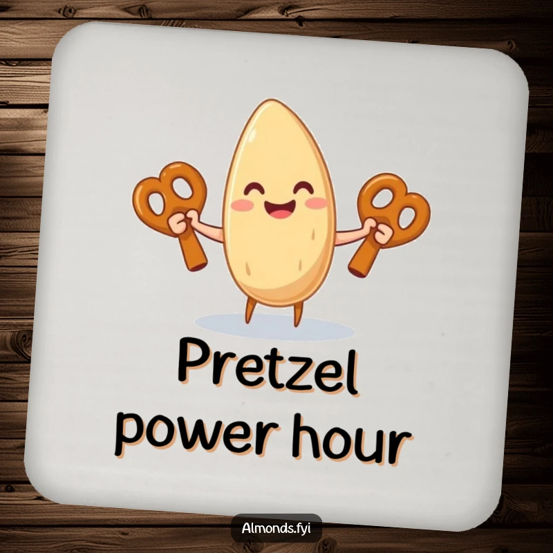 Funny coaster depicting a joyful almond character juggling three large pretzel sticks, adding humor to tabletops.